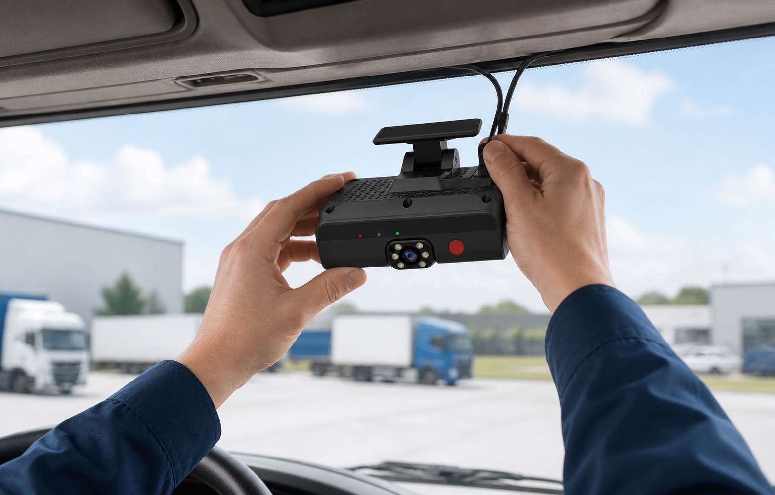 AI2020X dashcam being mounted inside a commercial vehicle windshield