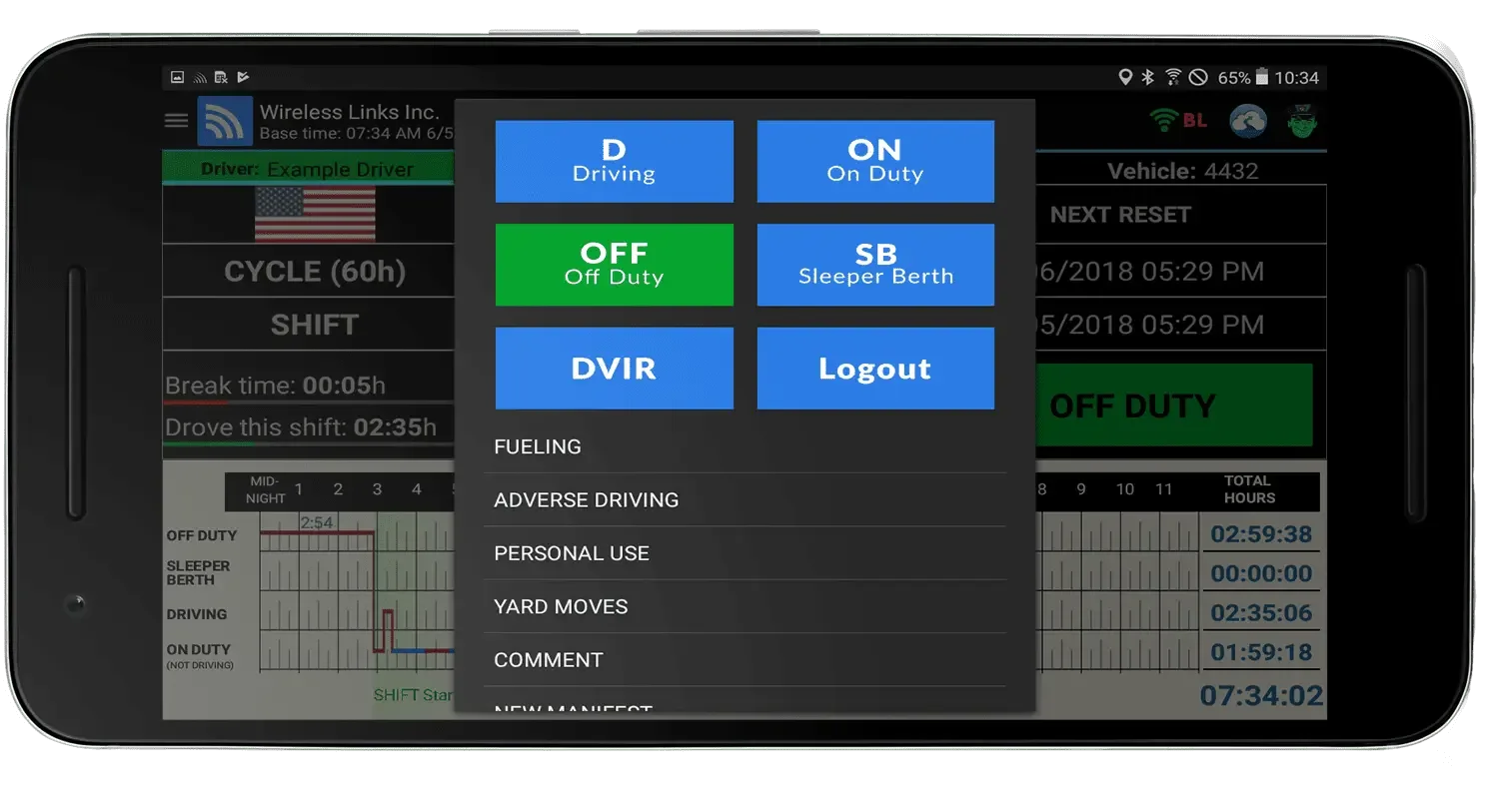 DriverLog ELD app duty-status screen