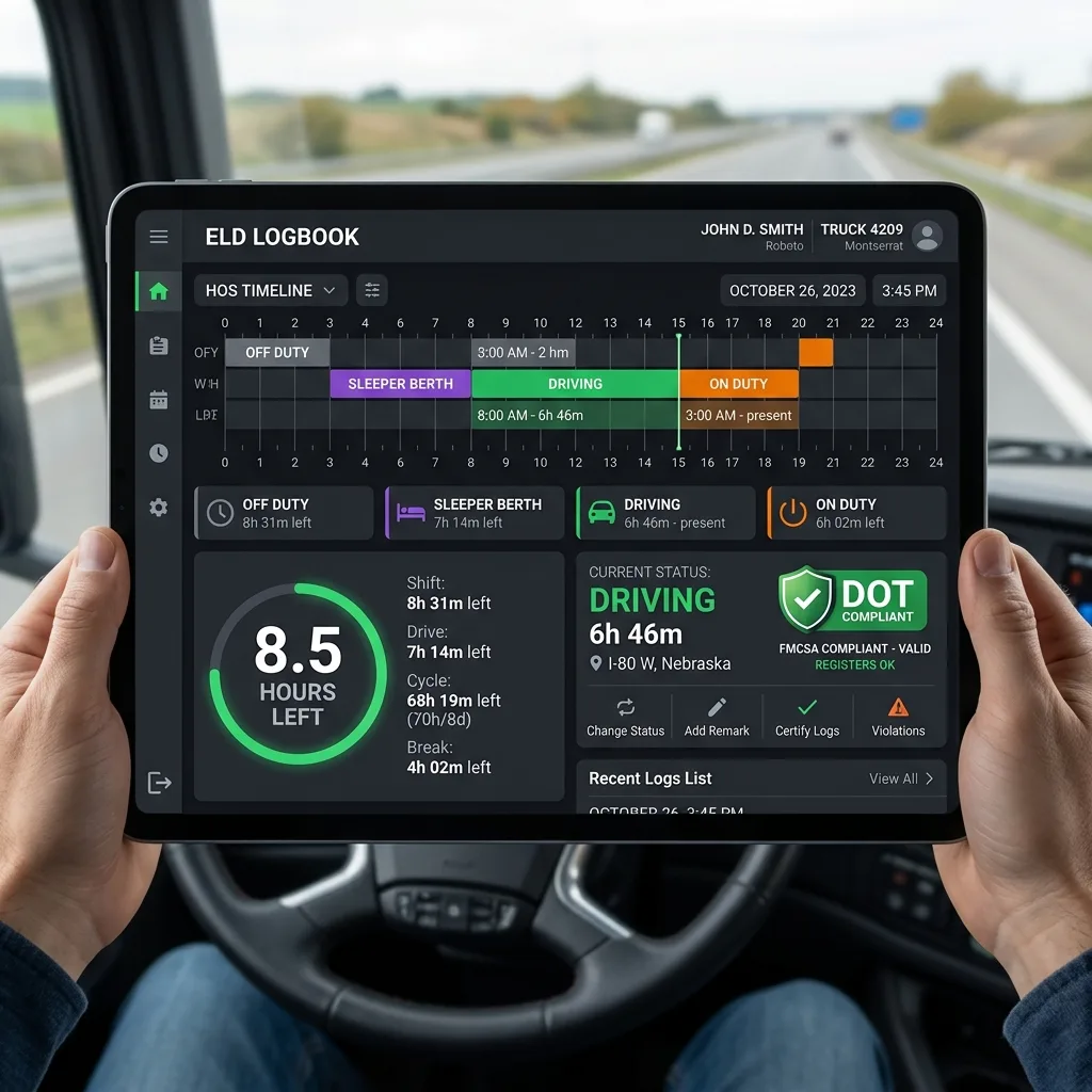 لوحة معلومات ساعات الخدمة الخاصة بـ DriverLog ELD
