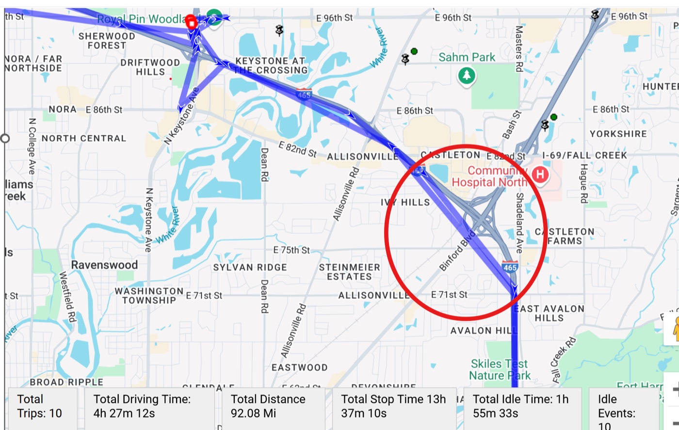 Fixed-interval GPS route drawing a straight line across an interchange instead of following the road