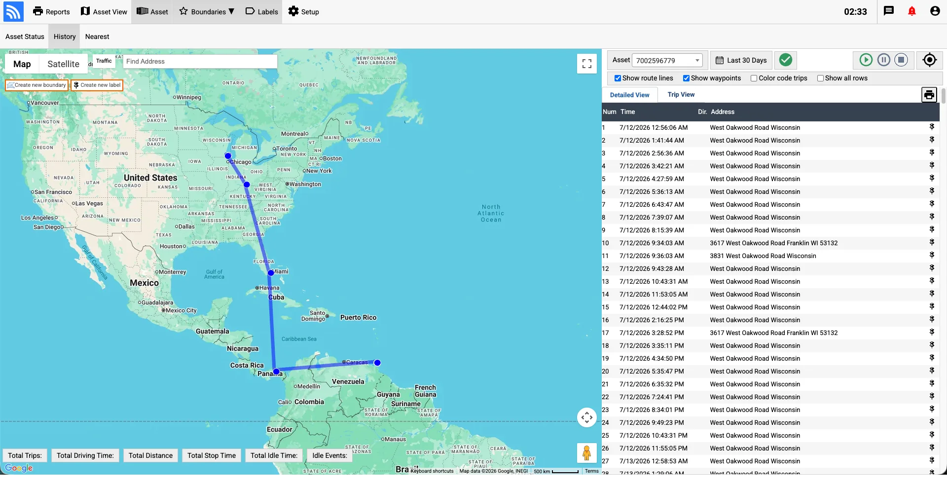 Fleet.Net asset route history and dwell-time records