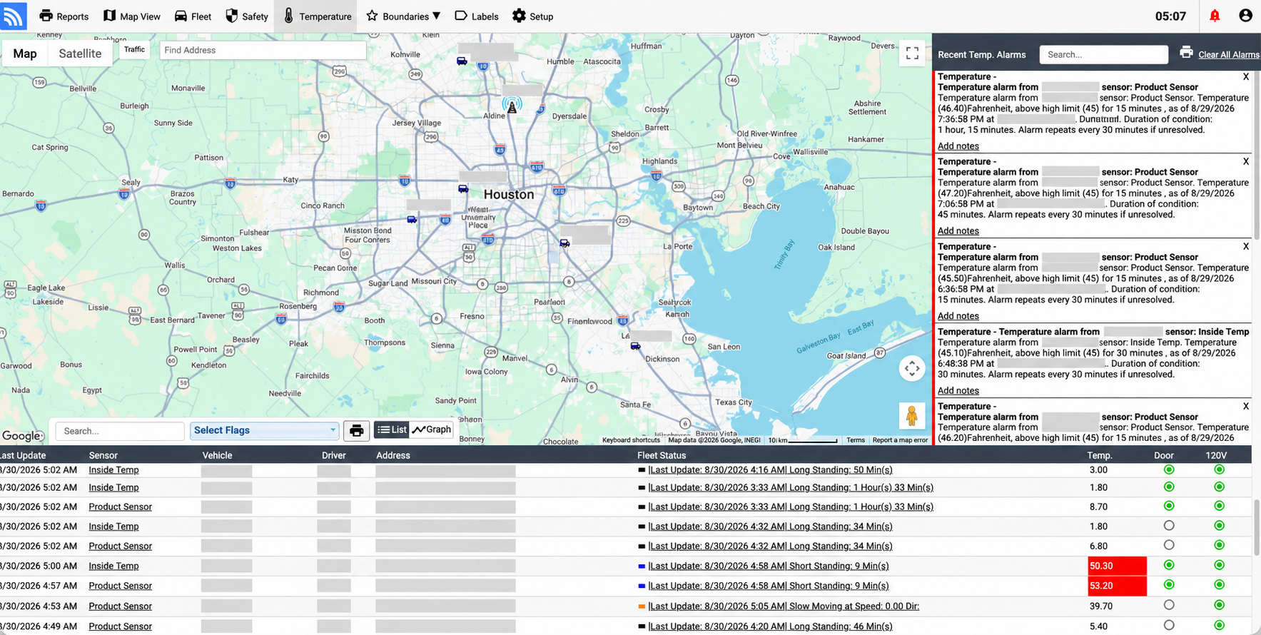 Fleet.Net platform view for Remotely monitor & Track temperature & location Across Your refrigerated shipping containers & cargo