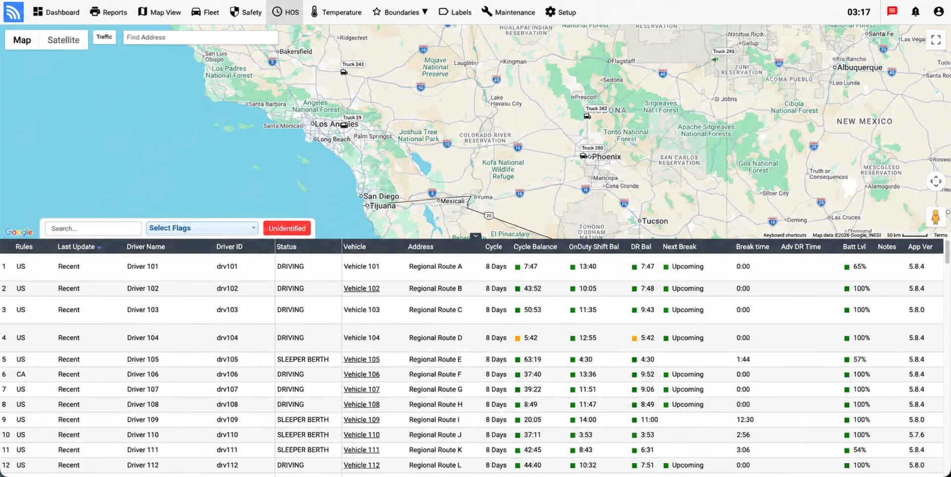 Fleet.Net ELD dashboard with driver status and HOS balances