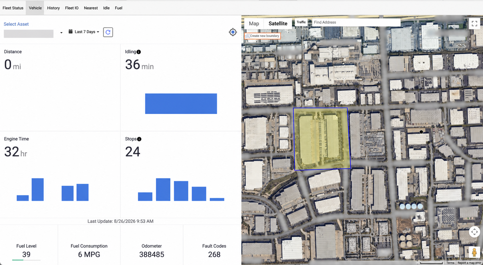 Fleet.Net report showing heavy equipment runtime and idling history