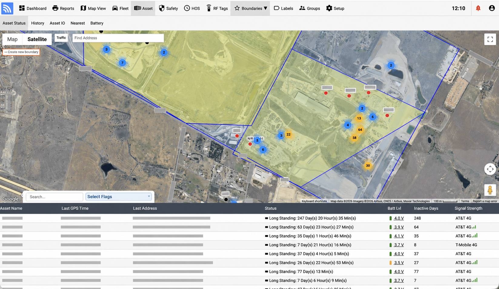 Redacted Fleet.Net construction equipment map showing tracked assets across a jobsite