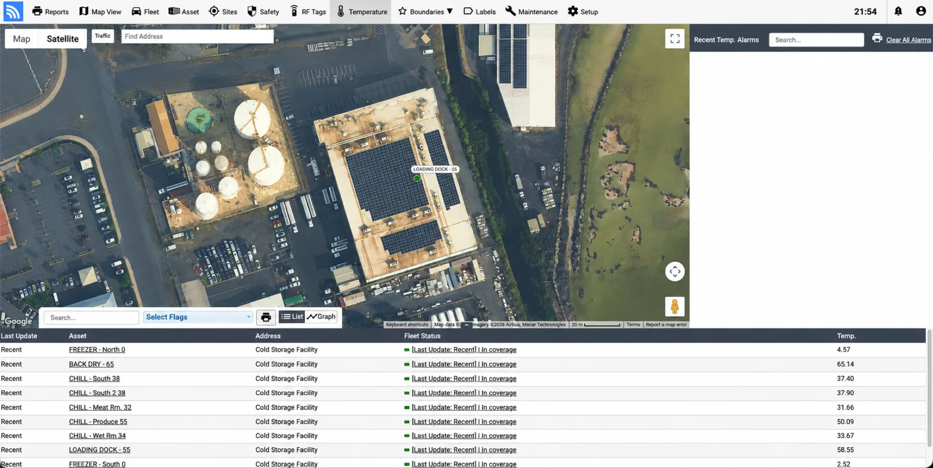 Fleet.Net facility view monitoring temperature and humidity across cold rooms