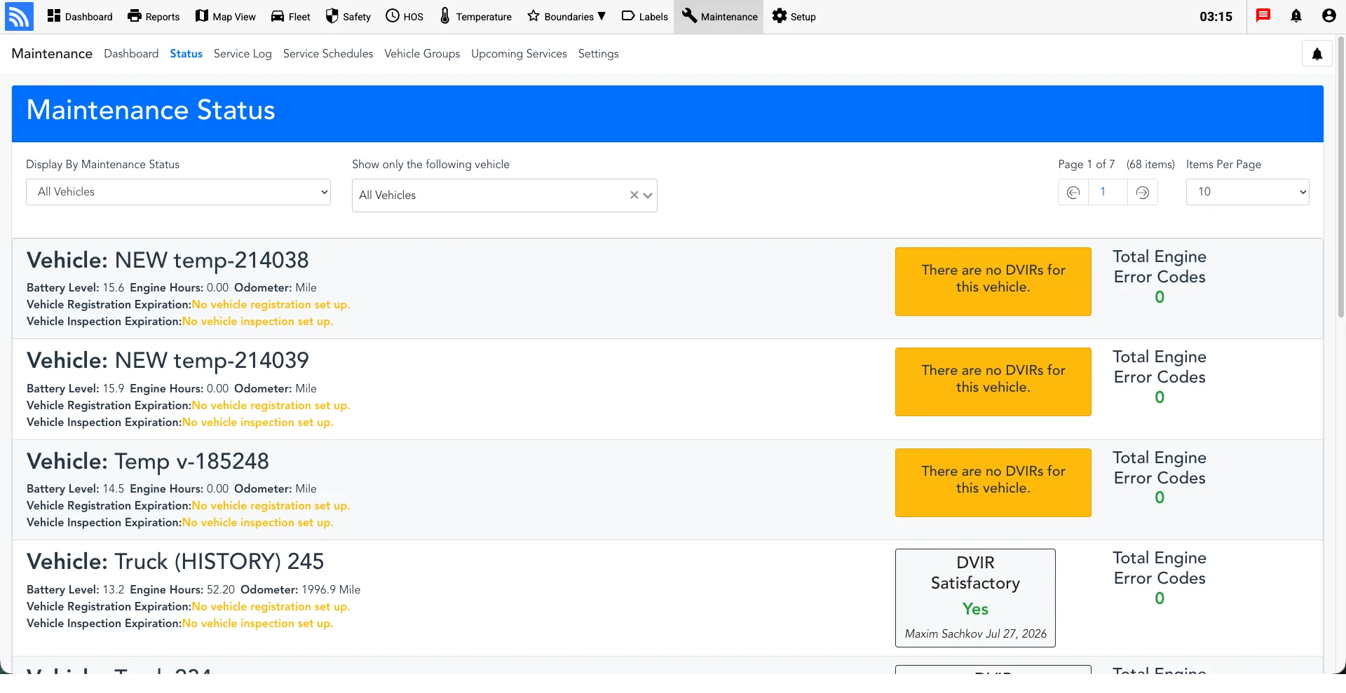 لوحة معلومات حالة صيانة المركبات Fleet.Net