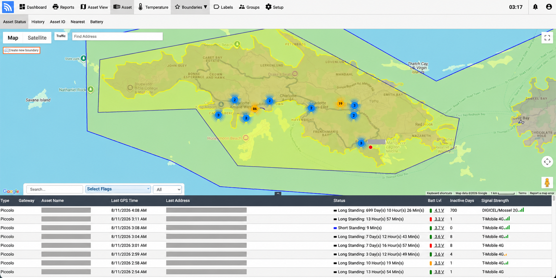 Fleet.Net container map and geofences with identifying details redacted