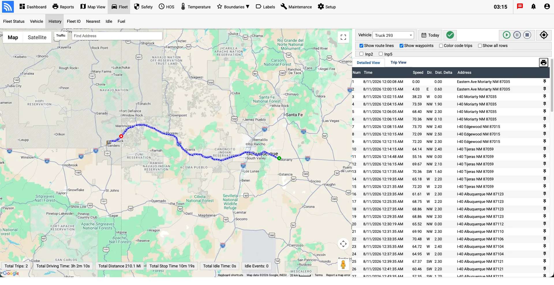 Fleet.Net detailed route history and trip records