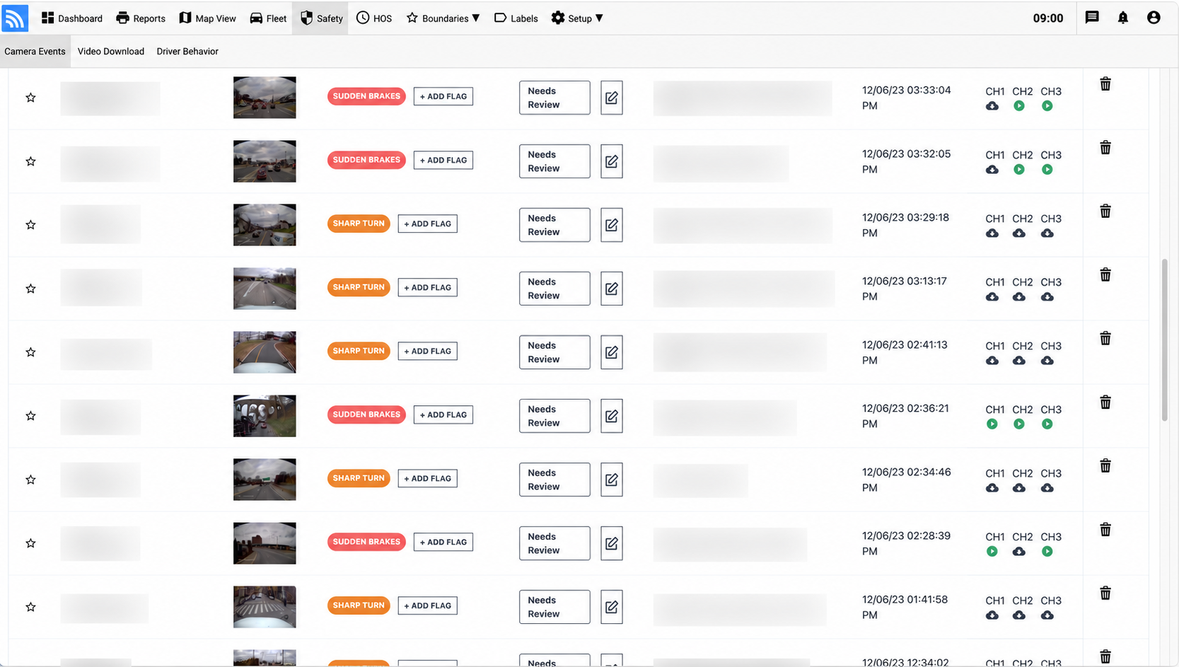 Anonymized Fleet.Net safety event dashboard with vehicle names and addresses redacted