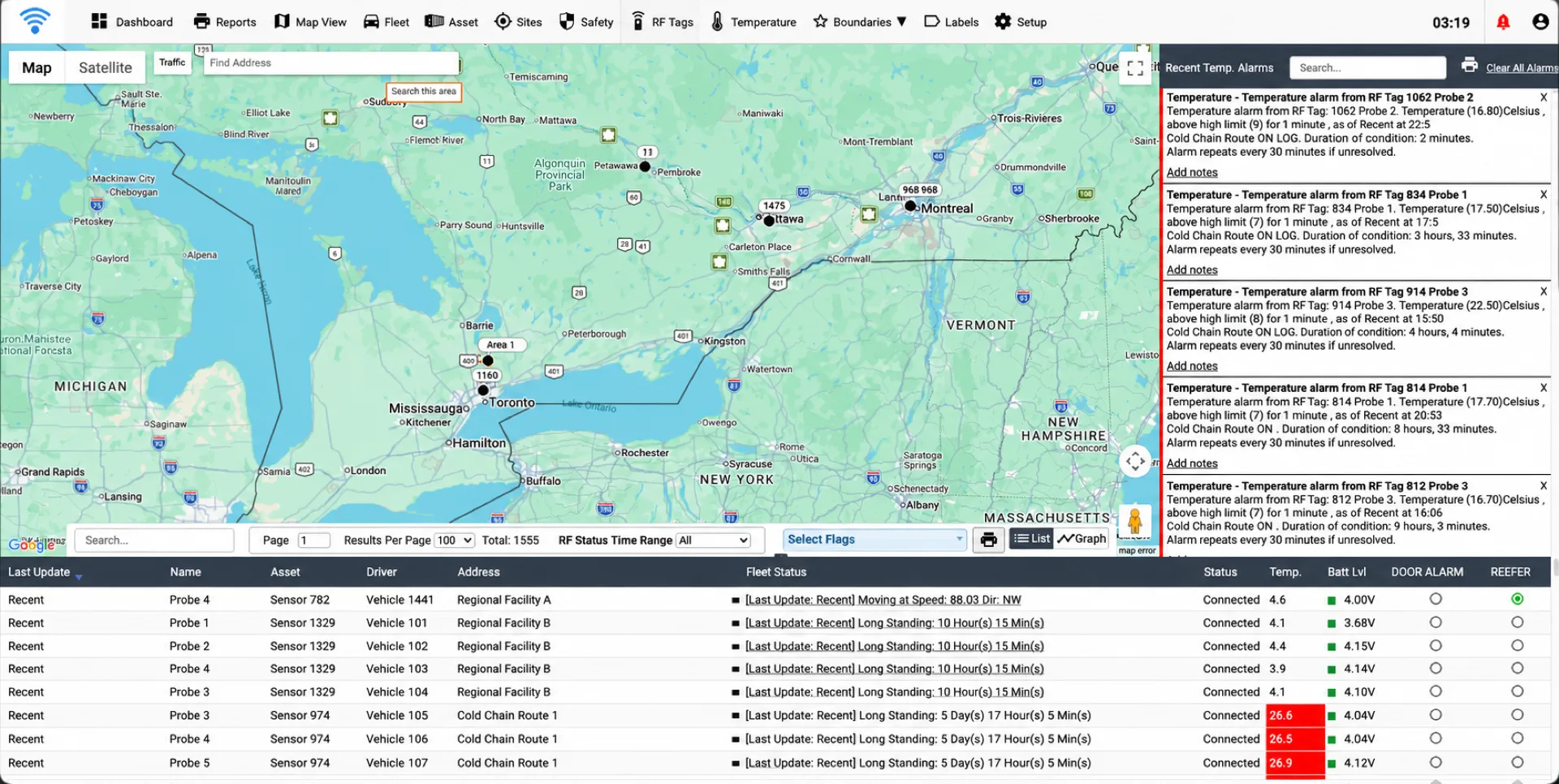 Temperature alerts and historical records in Fleet.Net