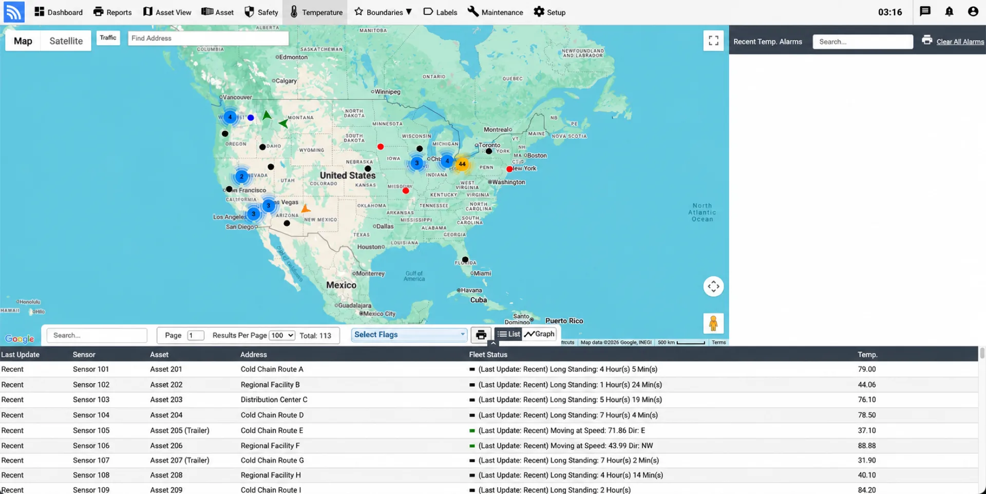 Mapa de monitoreo de temperatura del remolque Fleet.Net