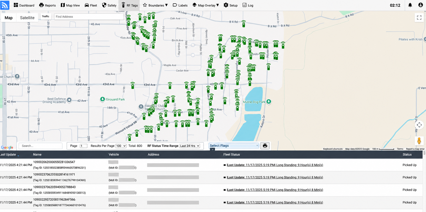 Fleet.Net map of waste bins with completed service records
