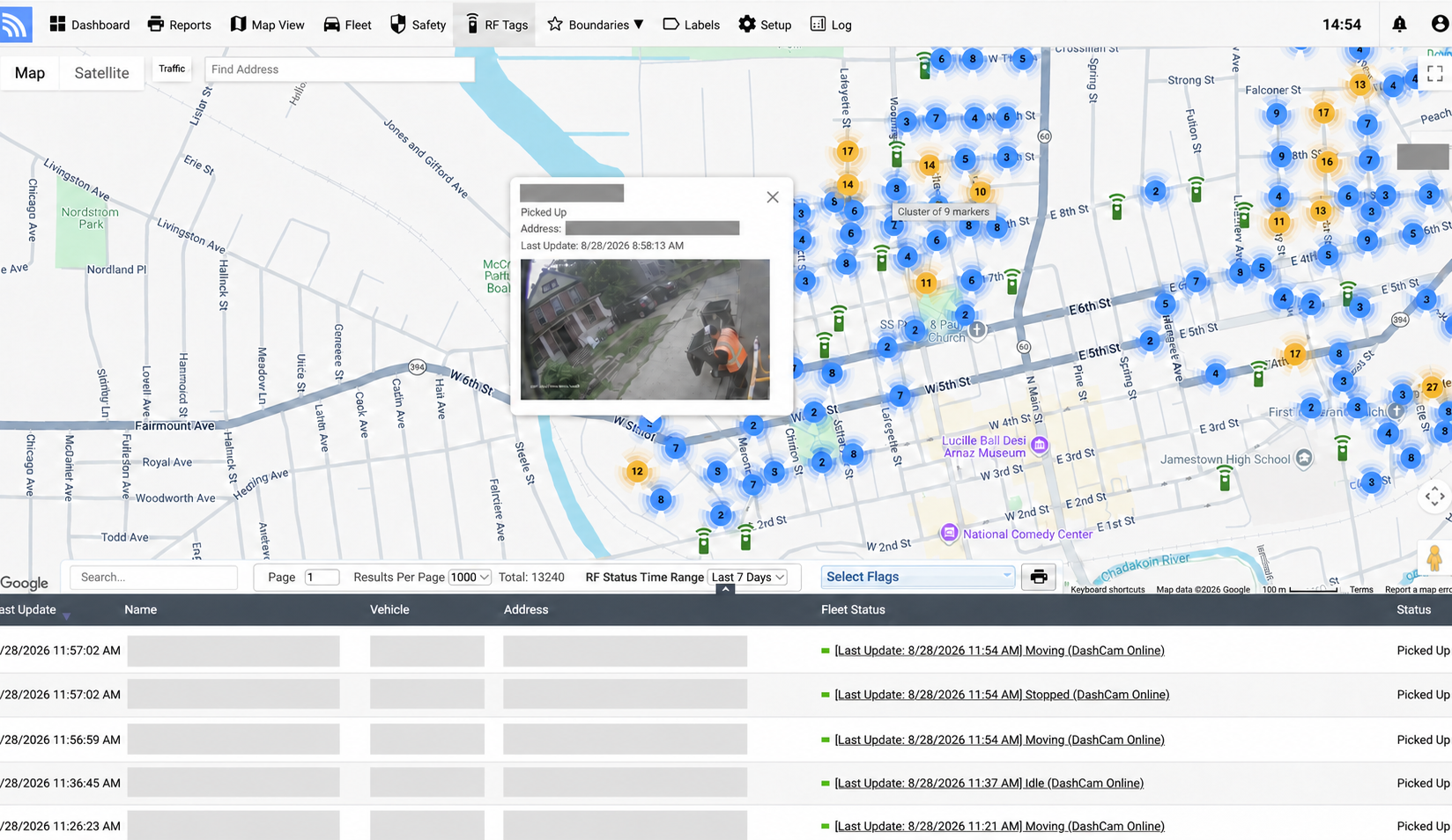 Illustrative Fleet.Net waste collection map with pickup photo and example active fleet statuses; names, vehicles, and addresses redacted