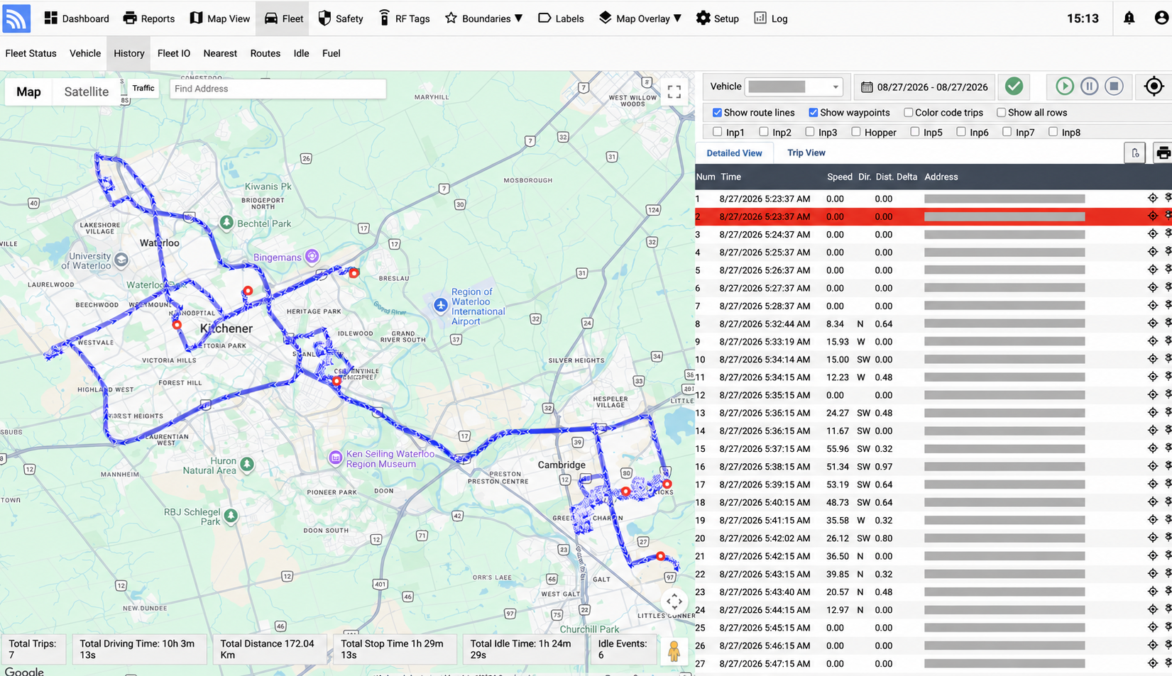 Fleet.Net collection route history with timestamped stops and trip statistics; vehicle identifier and addresses redacted