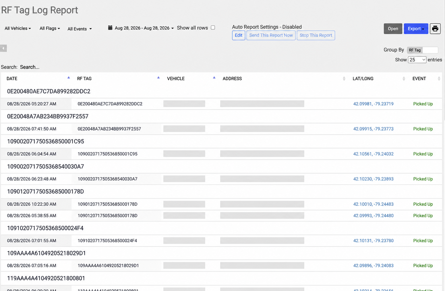 RF Tag Log Report with pickup timestamps and events; vehicle names and addresses redacted